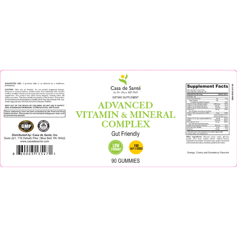 casa de sante Vitamin & Mineral Gummies | Low FODMAP & GLP-1 Daily Essential Nutrition Digestive Support Supplements