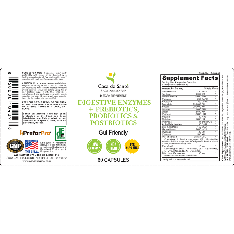 casa de sante FODMAP Digestive Enzymes + Prebiotics + Probiotics + Postbiotics Gut Friendly Low FODMAP MD PhD Formulated Digestive Support Supplements