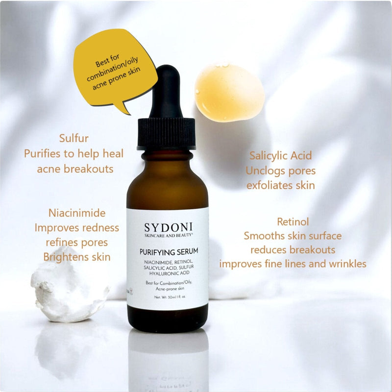Sydoni Skincare and Beauty PURIFYING SERUM with SULFUR, NIACINIMIDE and RETINOL 30 ml/ 1fl. oz. Serum