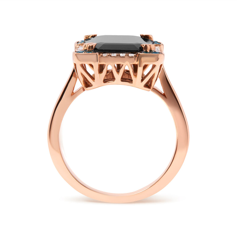 Bids.com 14K Rose Gold 15x10 MM Emerald-Cut Black Onyx and 1/5 Cttw Blue and White Diamond Halo Cocktail Ring (G-H Color, SI1-SI2 Clarity)- Size 7 Rings