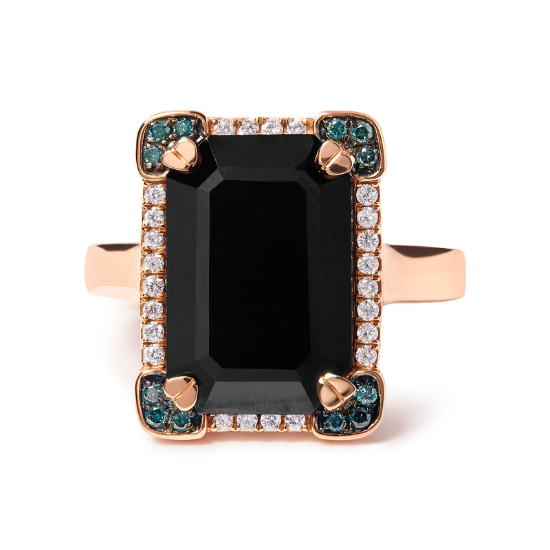 Bids.com 14K Rose Gold 15x10 MM Emerald-Cut Black Onyx and 1/5 Cttw Blue and White Diamond Halo Cocktail Ring (G-H Color, SI1-SI2 Clarity)- Size 7 Rings