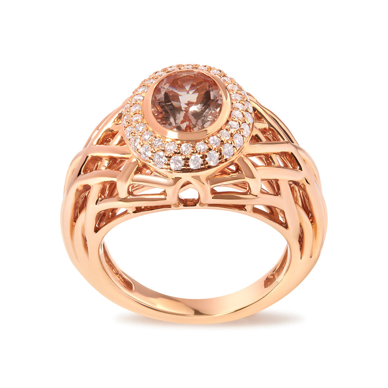 Bids.com 14K Rose Gold Oval Cut Light Pink Morganite and 3/8 Cttw Diamonds Halo and Basket Weave Cocktail Ring (G-H Color, SI1-SI2 Clarity) - Size 7 Rings