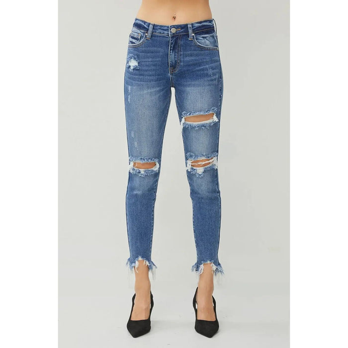 RISEN Distressed Frayed Hem Slim Jeans