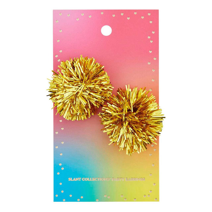 Rainbow Party Earrings | Mylar Pom Pom in Gold