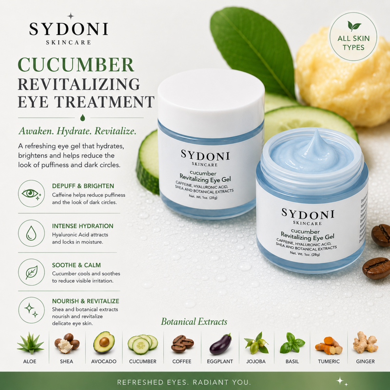 Sydoni Skincare and Beauty REVITALIZING EYE GEL w CAFFEINE, HYALURONIC ACID AND SHEA EXTRACT Net. Wt. 1oz. EYE CREAM