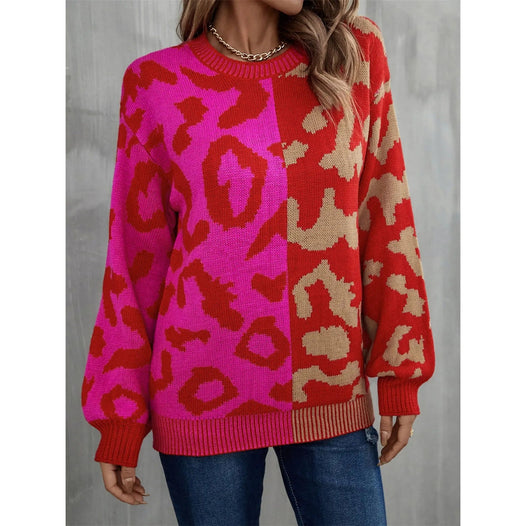 Round Neck Contrast Color Dropped Shoulder Sweater