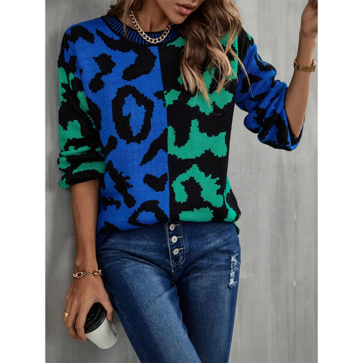 Round Neck Contrast Color Dropped Shoulder Sweater