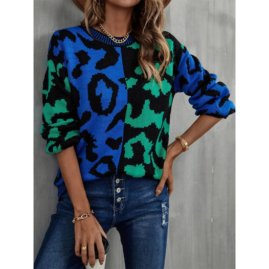 Round Neck Contrast Color Dropped Shoulder Sweater