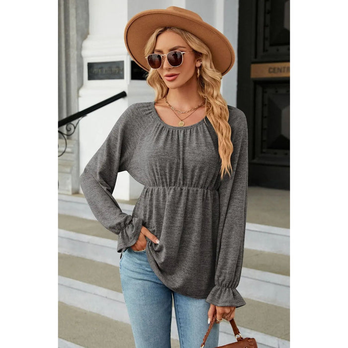 Scoop Neck Flounce Sleeve Blouse