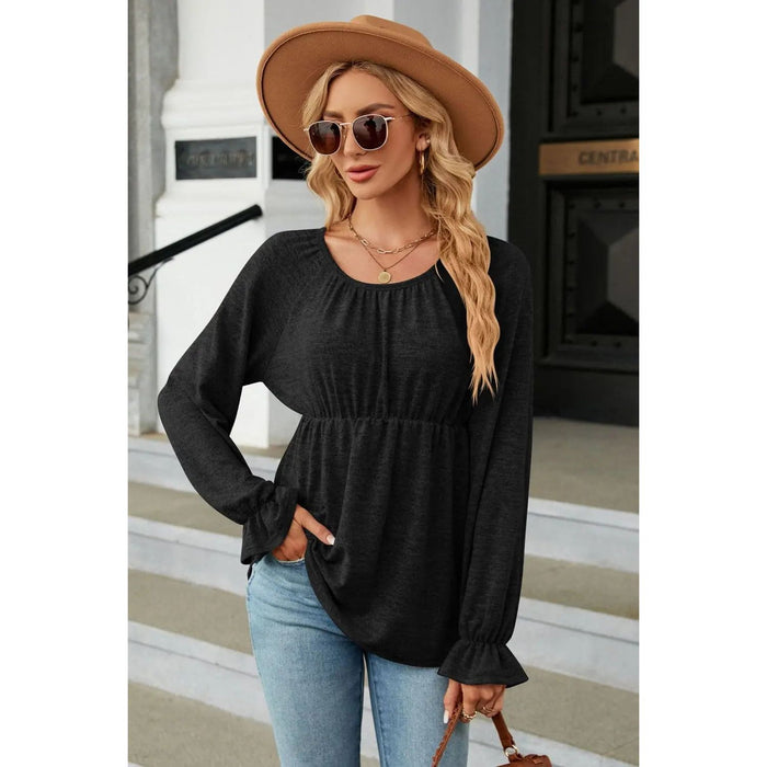 Scoop Neck Flounce Sleeve Blouse