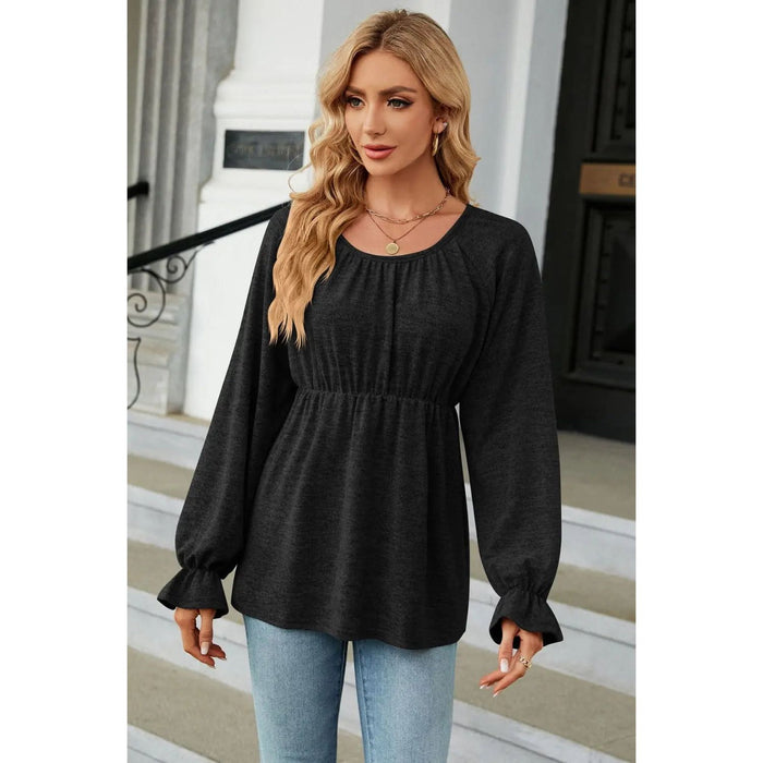 Scoop Neck Flounce Sleeve Blouse