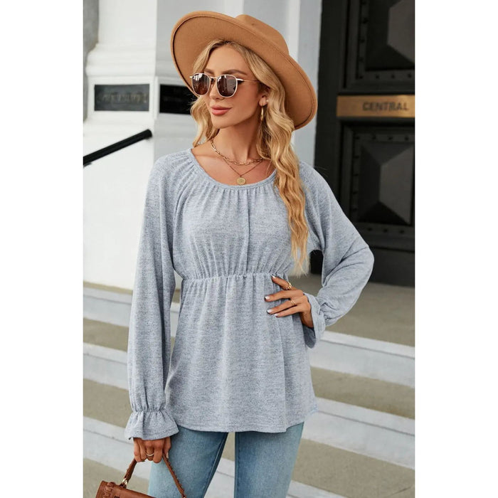 Scoop Neck Flounce Sleeve Blouse