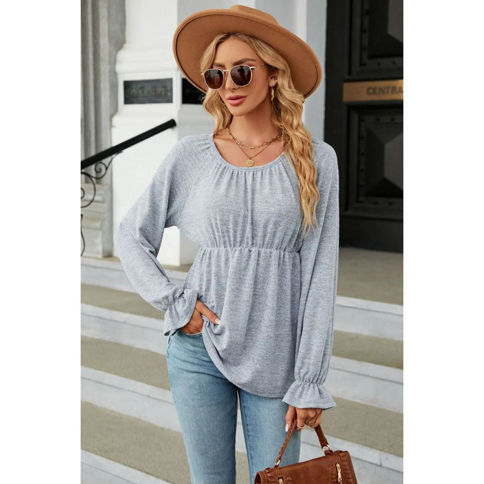 Scoop Neck Flounce Sleeve Blouse