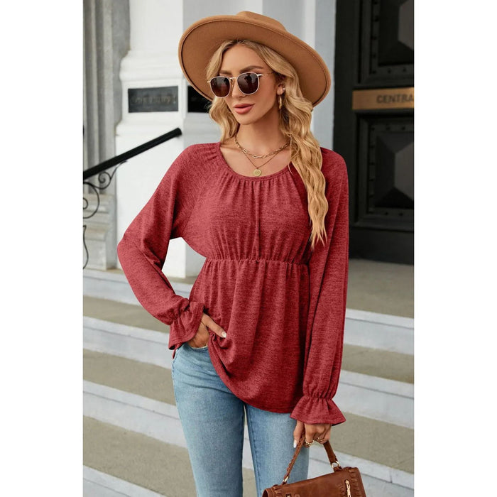 Scoop Neck Flounce Sleeve Blouse