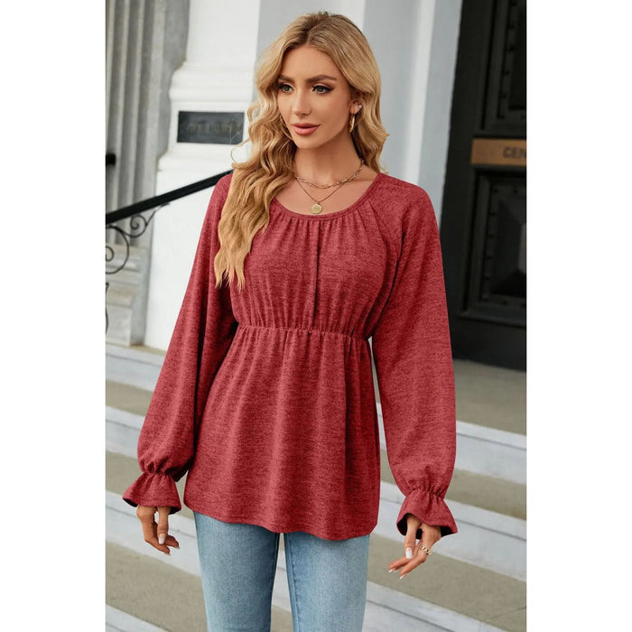 Scoop Neck Flounce Sleeve Blouse