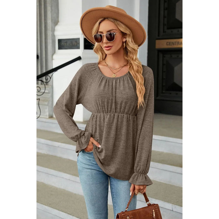 Scoop Neck Flounce Sleeve Blouse