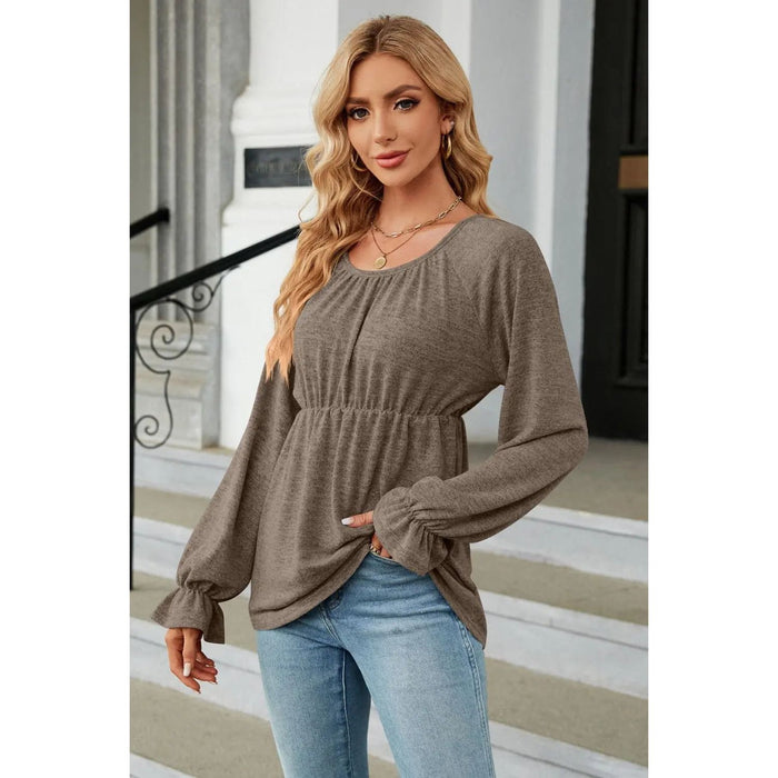 Scoop Neck Flounce Sleeve Blouse