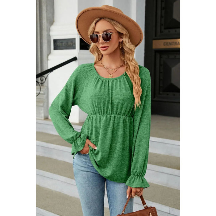 Scoop Neck Flounce Sleeve Blouse