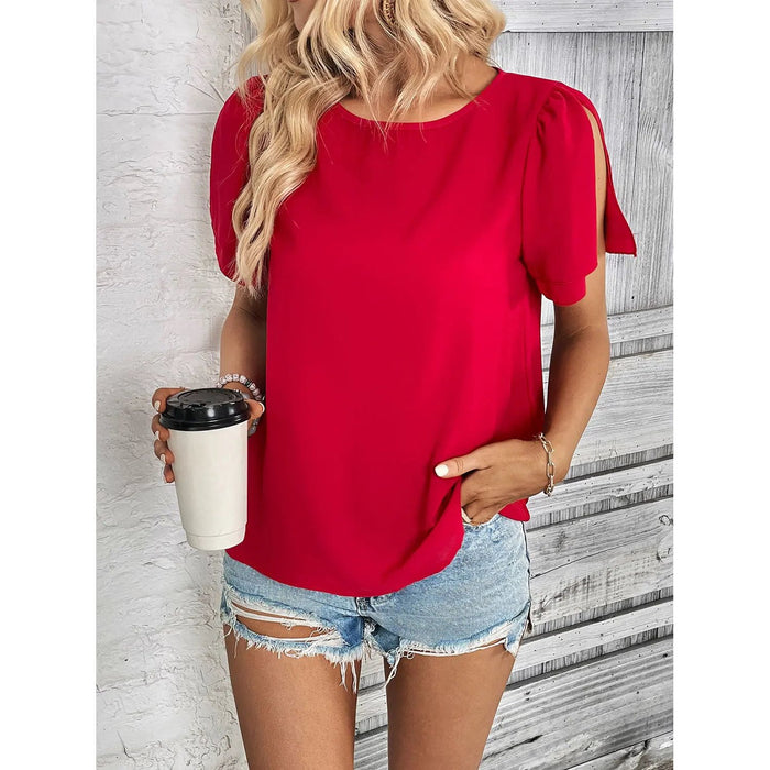 Round Neck Slit Short Sleeve Top