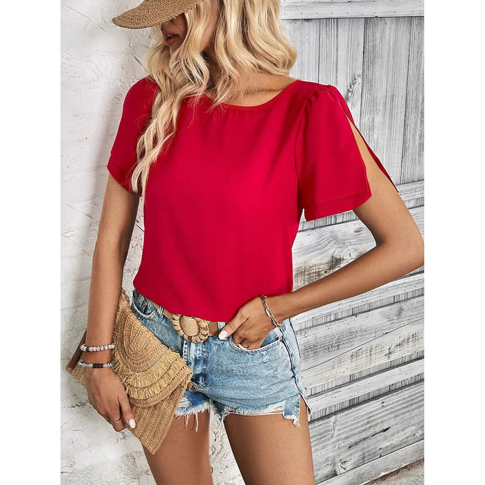 Round Neck Slit Short Sleeve Top