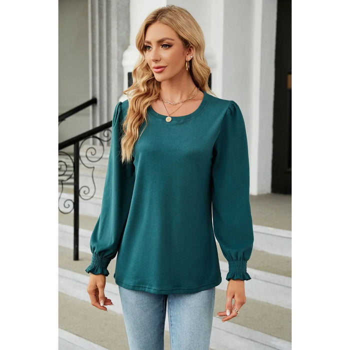 Round Neck Smocked Flounce Sleeve Blouse