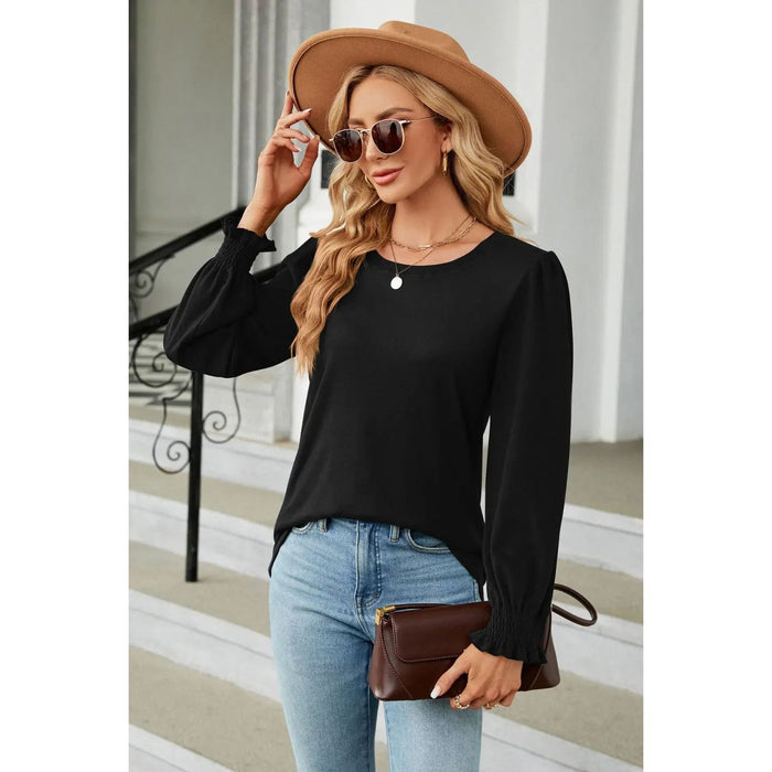 Round Neck Smocked Flounce Sleeve Blouse