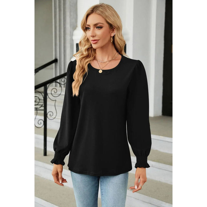 Round Neck Smocked Flounce Sleeve Blouse