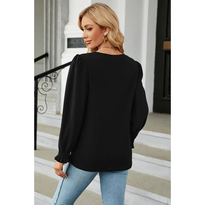 Round Neck Smocked Flounce Sleeve Blouse