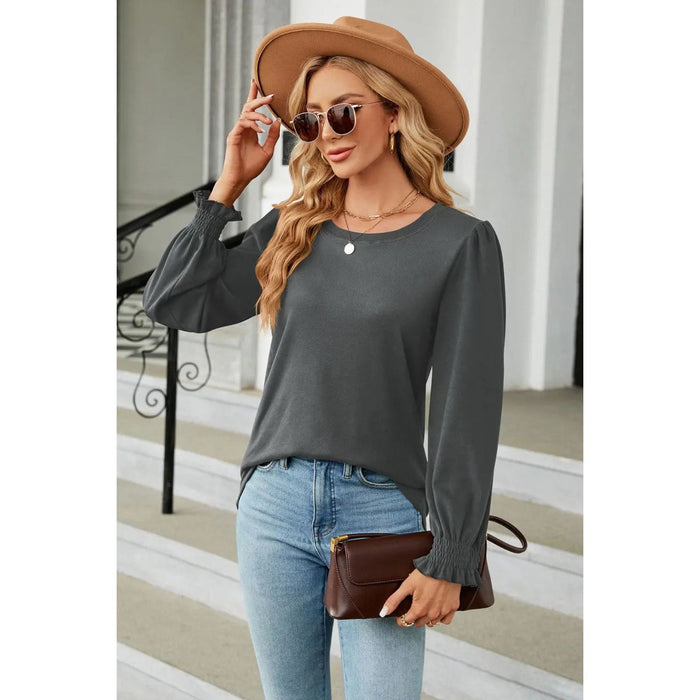 Round Neck Smocked Flounce Sleeve Blouse