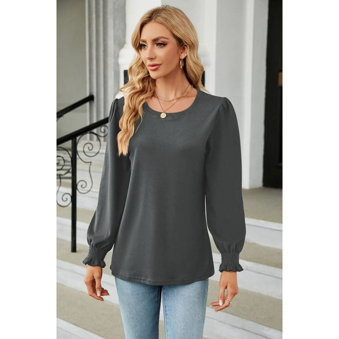 Round Neck Smocked Flounce Sleeve Blouse