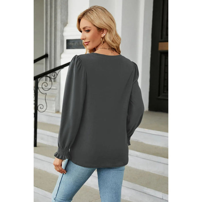 Round Neck Smocked Flounce Sleeve Blouse