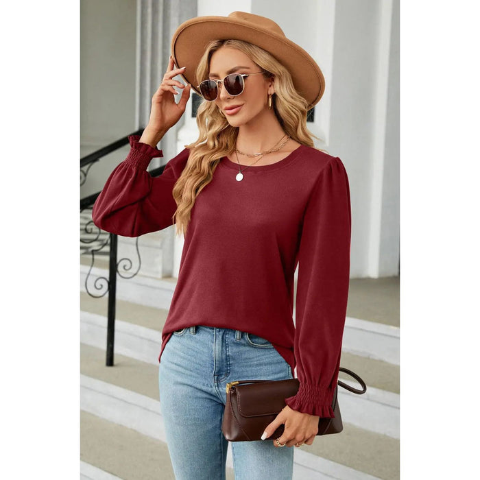 Round Neck Smocked Flounce Sleeve Blouse