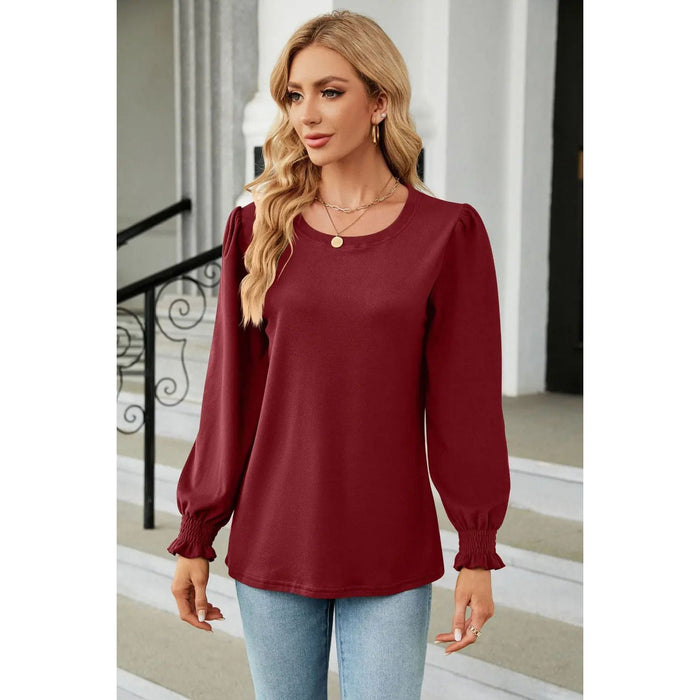 Round Neck Smocked Flounce Sleeve Blouse