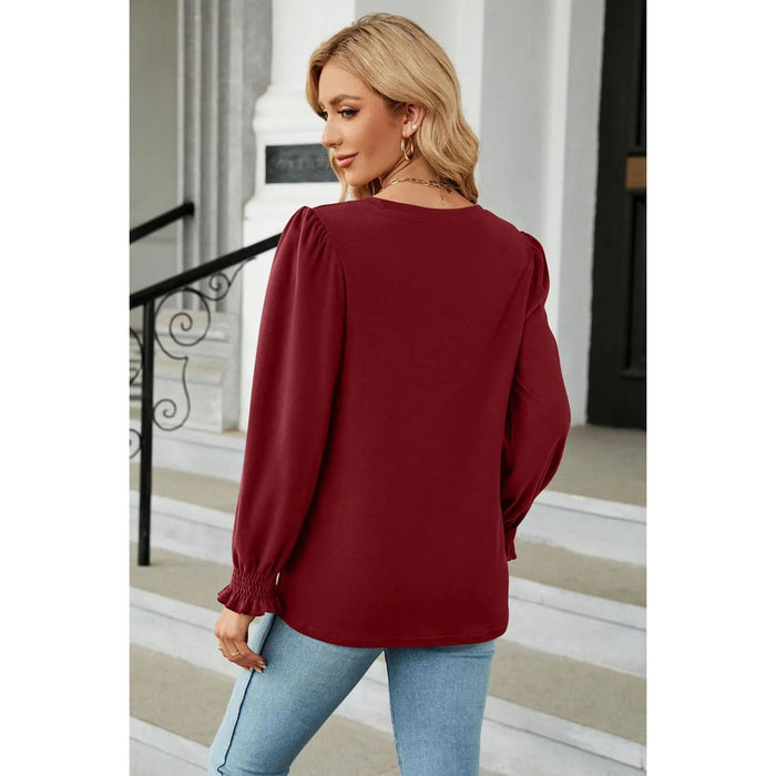 Round Neck Smocked Flounce Sleeve Blouse