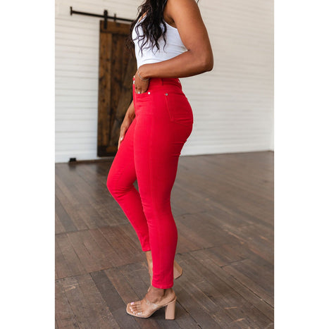 Ruby High Rise Control Top Garment Dyed Skinny Jeans in Red