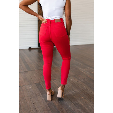 Ruby High Rise Control Top Garment Dyed Skinny Jeans in Red