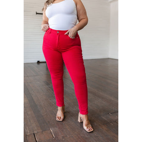 Ruby High Rise Control Top Garment Dyed Skinny Jeans in Red