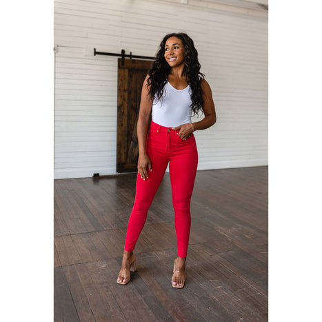 Ruby High Rise Control Top Garment Dyed Skinny Jeans in Red