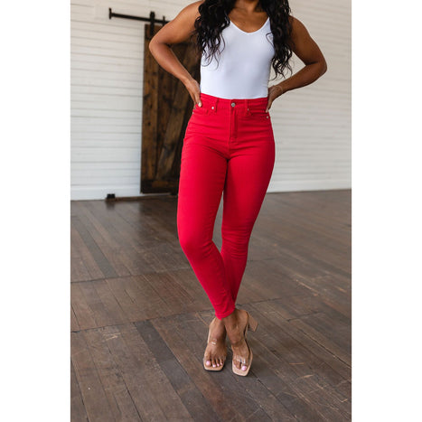 Ruby High Rise Control Top Garment Dyed Skinny Jeans in Red