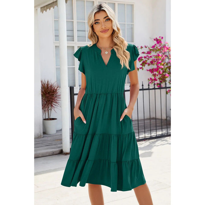 Ruched Notched Cap Sleeve Dress