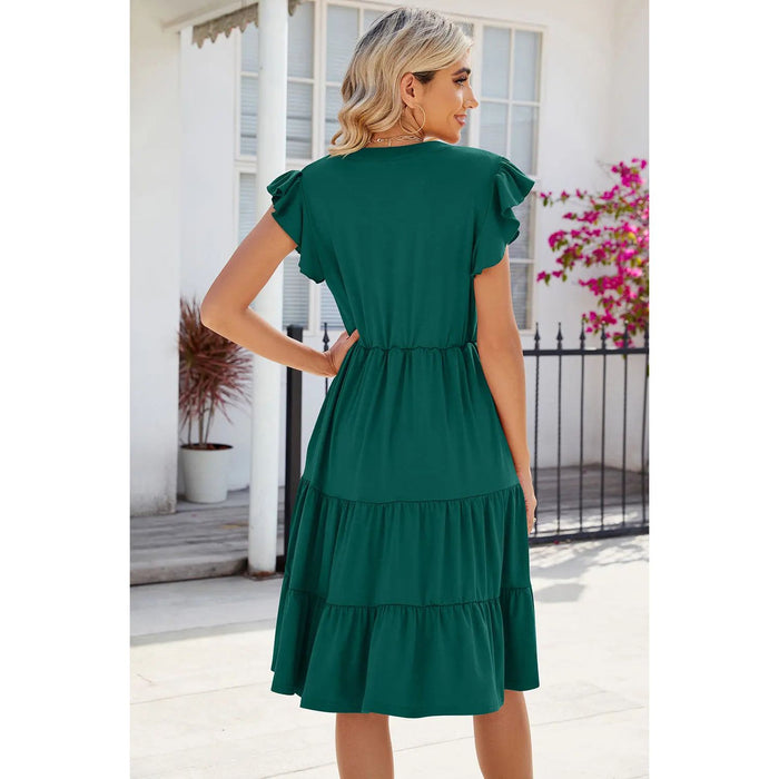 Ruched Notched Cap Sleeve Dress