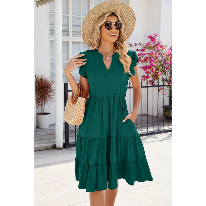 Ruched Notched Cap Sleeve Dress