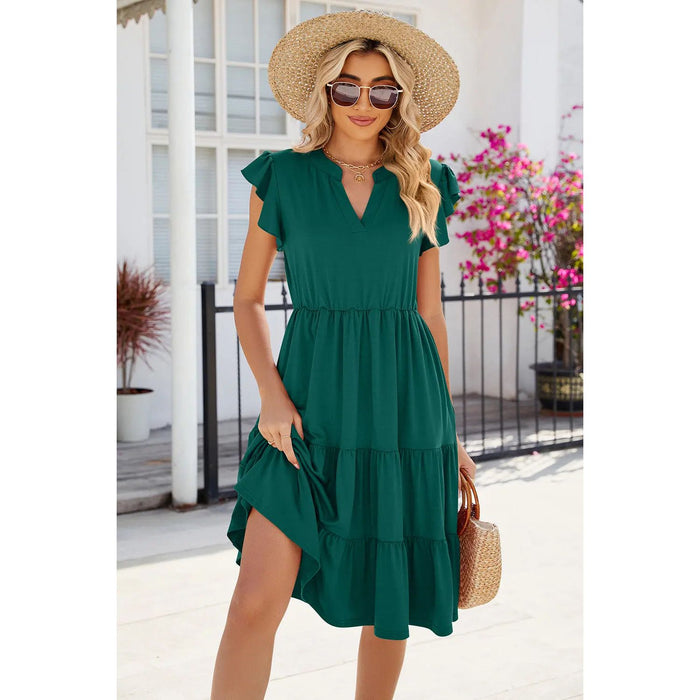 Ruched Notched Cap Sleeve Dress