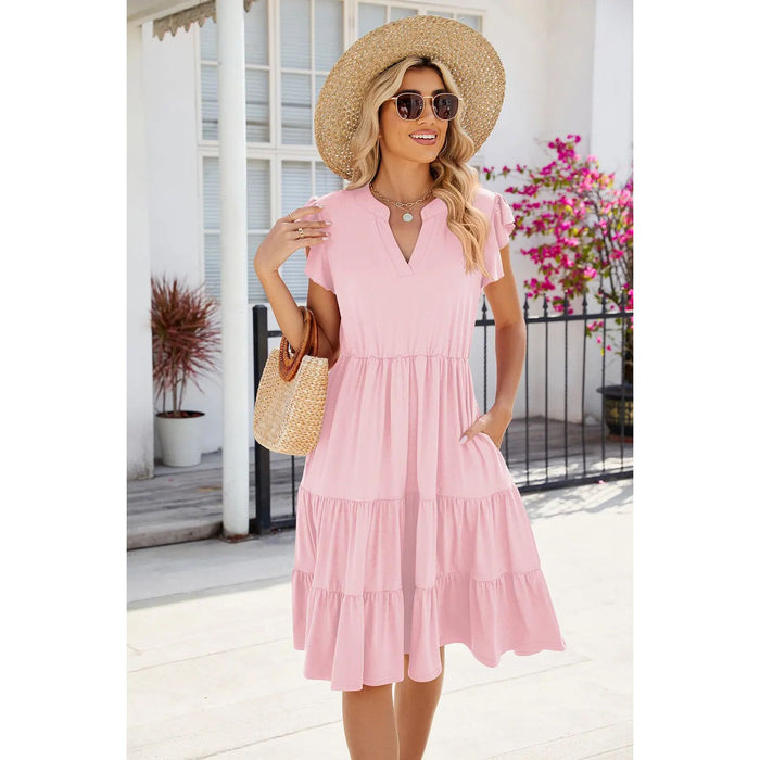 Ruched Notched Cap Sleeve Dress