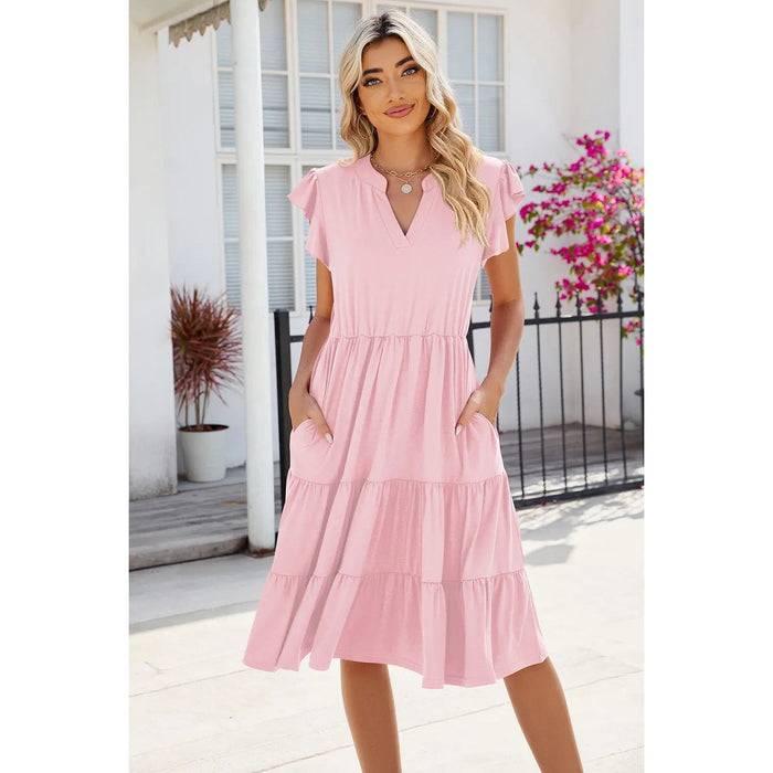 Ruched Notched Cap Sleeve Dress