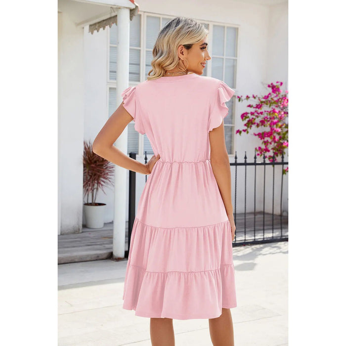 Ruched Notched Cap Sleeve Dress