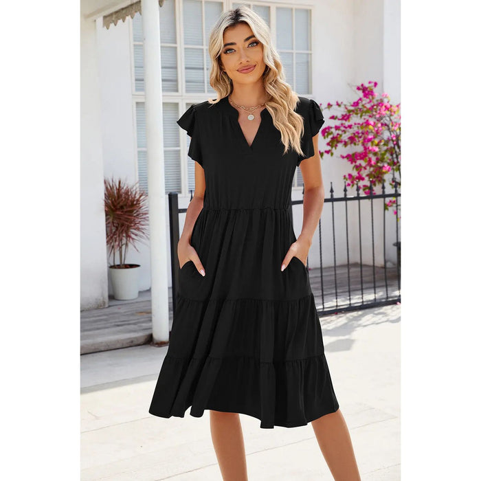 Ruched Notched Cap Sleeve Dress