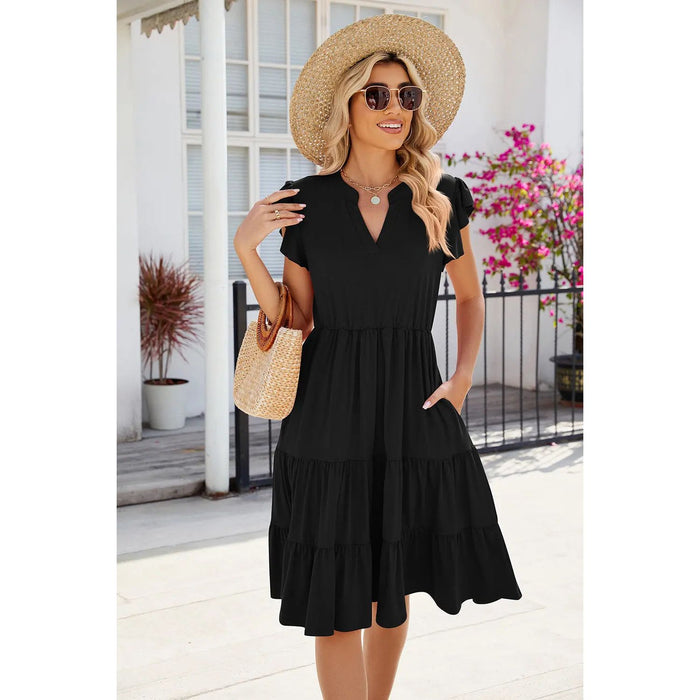 Ruched Notched Cap Sleeve Dress