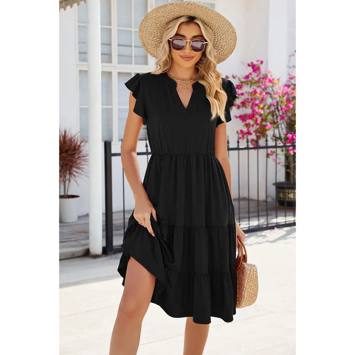 Ruched Notched Cap Sleeve Dress