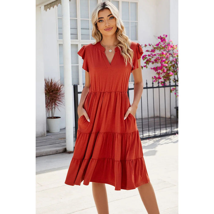 Ruched Notched Cap Sleeve Dress